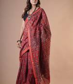 Red maheshwari silk saree with woven borders and beautiful hand block print