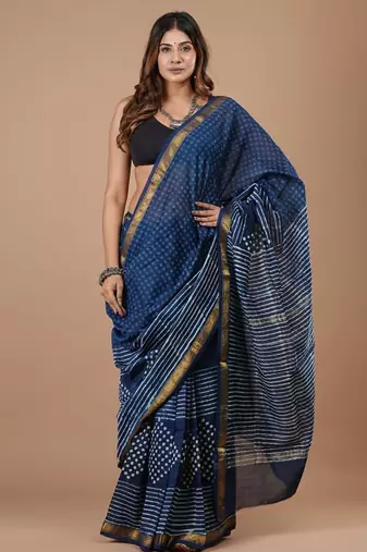 Blue maheshwari silk saree with woven borders and beautiful hand block print