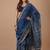 Blue maheshwari silk saree with woven borders and beautiful hand block print