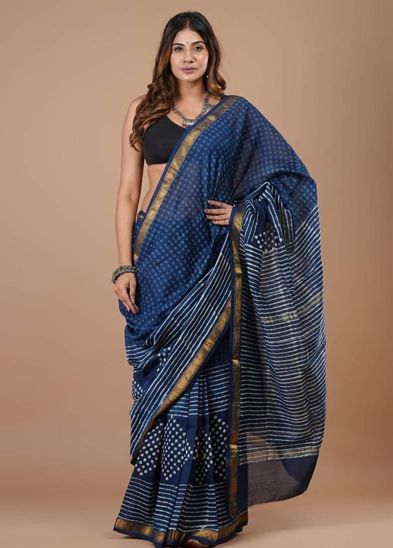 Blue maheshwari silk saree with woven borders and beautiful hand block print