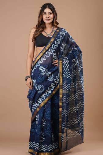Blue maheshwari silk saree with woven borders and beautiful hand block print