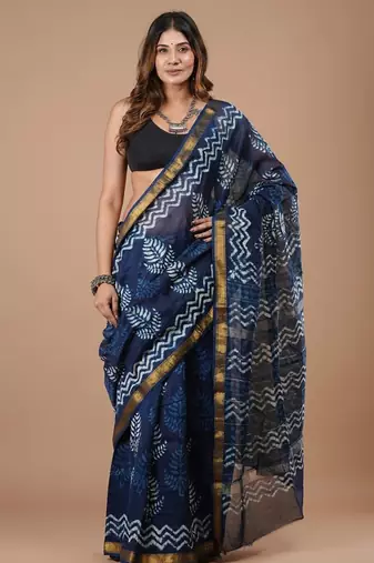 Blue maheshwari silk saree with woven borders and beautiful hand block print