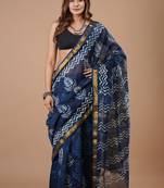 Blue maheshwari silk saree with woven borders and beautiful hand block print