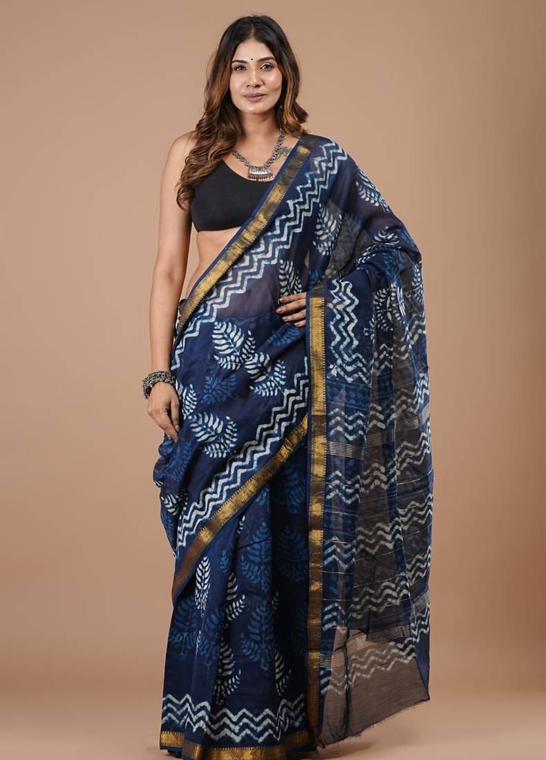 Blue maheshwari silk saree with woven borders and beautiful hand block print