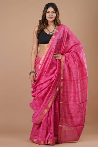 Pink maheshwari silk saree with woven borders and beautiful hand block print