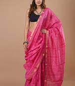 Pink maheshwari silk saree with woven borders and beautiful hand block print