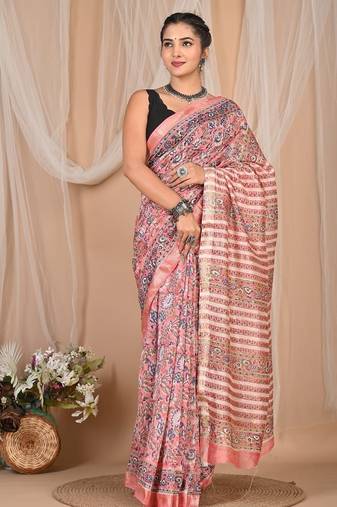 Multicolor maheshwari silk saree with woven borders and beautiful hand block print