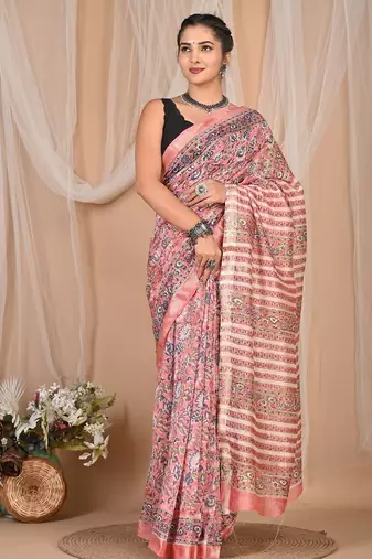 Multicolor maheshwari silk saree with woven borders and beautiful hand block print