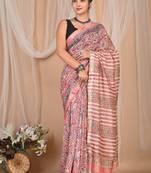 Multicolor maheshwari silk saree with woven borders and beautiful hand block print