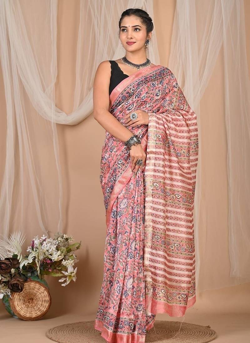 Multicolor maheshwari silk saree with woven borders and beautiful hand block print
