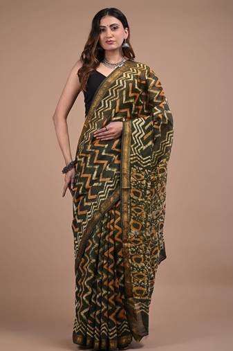 Green maheshwari silk saree with woven borders and beautiful hand block print