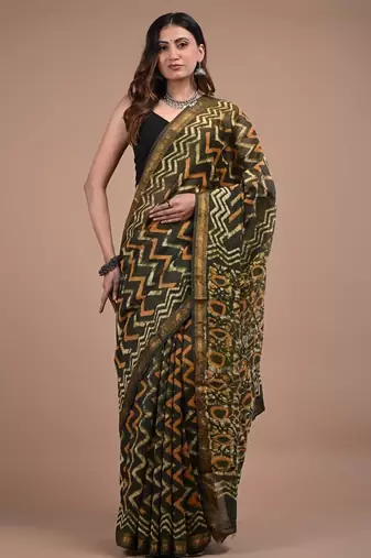 Green maheshwari silk saree with woven borders and beautiful hand block print