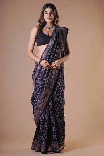 Navy blue maheshwari silk saree with woven borders and beautiful hand block print