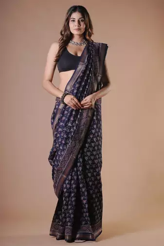 Navy blue maheshwari silk saree with woven borders and beautiful hand block print