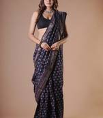Navy blue maheshwari silk saree with woven borders and beautiful hand block print