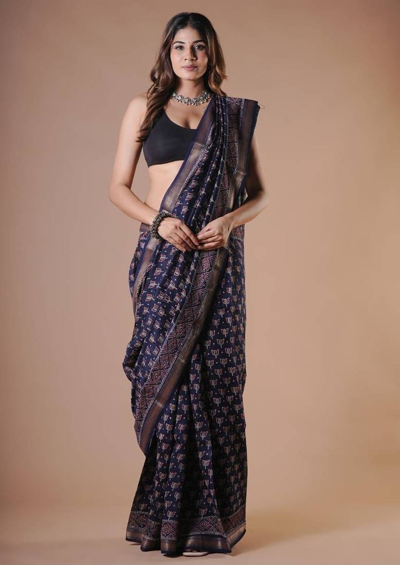 Navy blue maheshwari silk saree with woven borders and beautiful hand block print