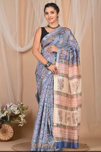 Sky blue maheshwari silk saree with woven borders and beautiful hand block print