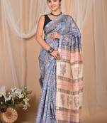 Sky blue maheshwari silk saree with woven borders and beautiful hand block print