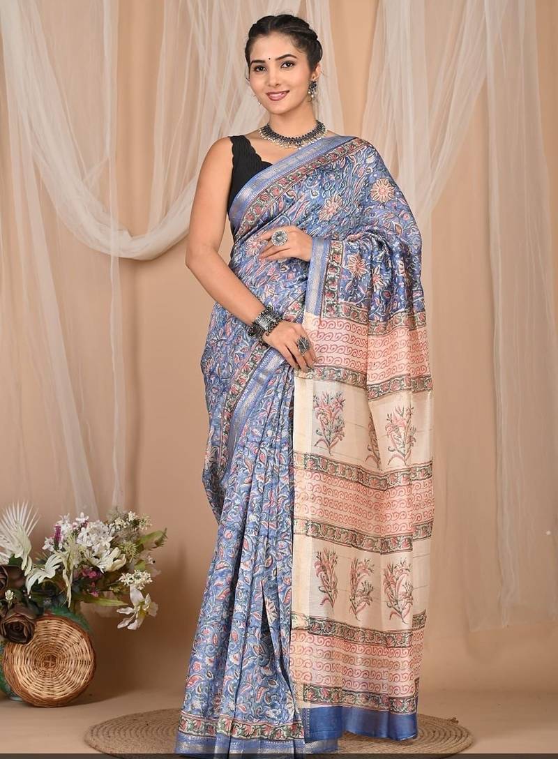 Sky blue maheshwari silk saree with woven borders and beautiful hand block print