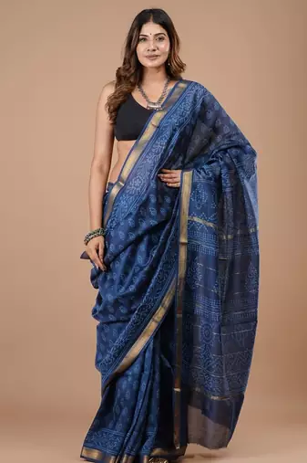 Blue maheshwari silk saree with woven borders and beautiful hand block print