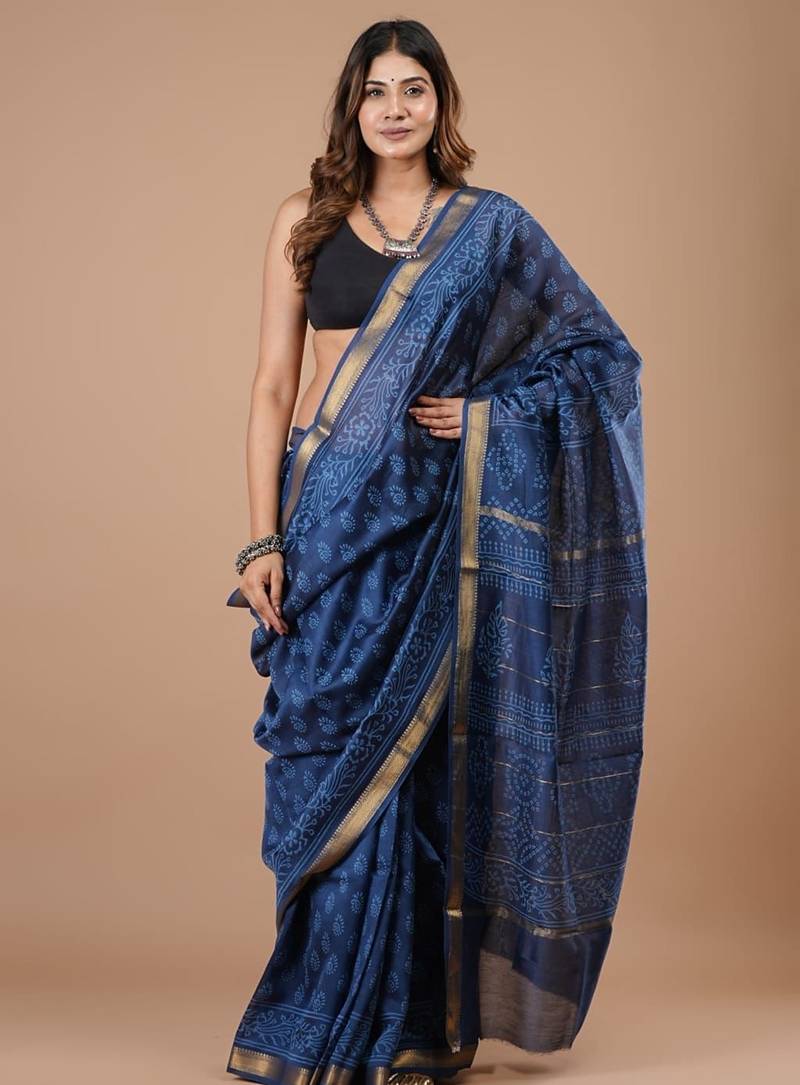 Blue maheshwari silk saree with woven borders and beautiful hand block print