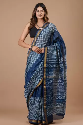 Blue maheshwari silk saree with woven borders and beautiful hand block print