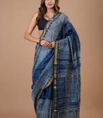 Blue maheshwari silk saree with woven borders and beautiful hand block print