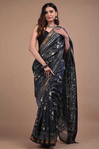 Dark grey maheshwari silk saree with woven borders and beautiful hand block print