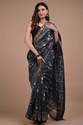 Dark grey maheshwari silk saree with woven borders and beautiful hand block print