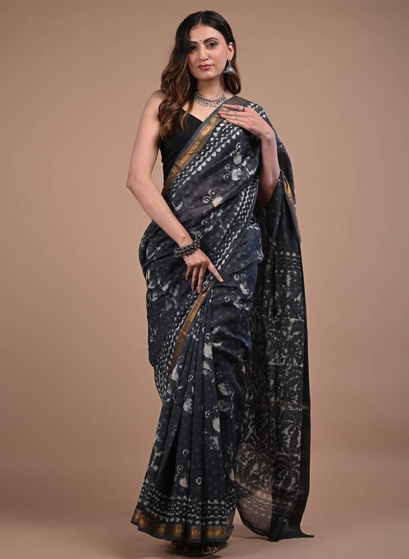 Dark grey maheshwari silk saree with woven borders and beautiful hand block print