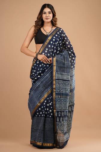 Grey maheshwari silk saree with woven borders and beautiful hand block print