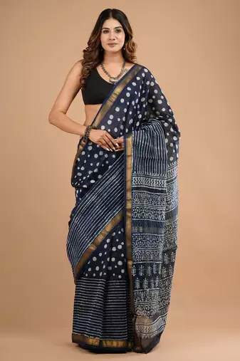 Grey maheshwari silk saree with woven borders and beautiful hand block print
