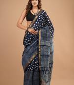 Grey maheshwari silk saree with woven borders and beautiful hand block print