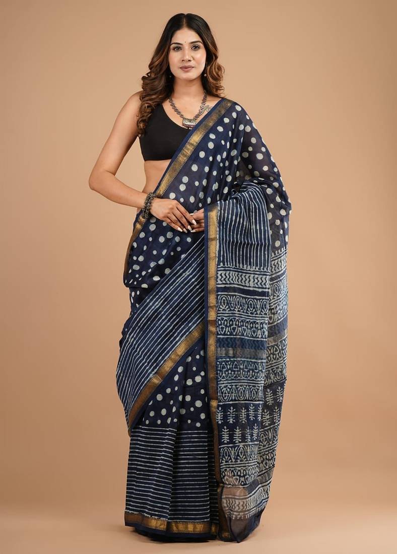 Grey maheshwari silk saree with woven borders and beautiful hand block print
