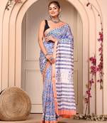 Grey maheshwari silk saree with woven borders and beautiful hand block print