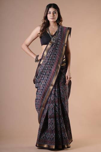 Black maheshwari silk saree with woven borders and beautiful hand block print