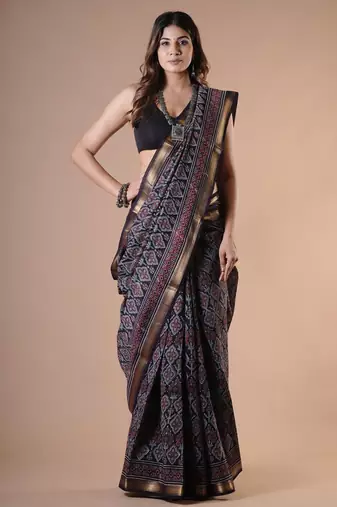 Black maheshwari silk saree with woven borders and beautiful hand block print
