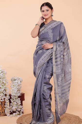 Grey maheshwari silk saree with woven borders and beautiful hand block print