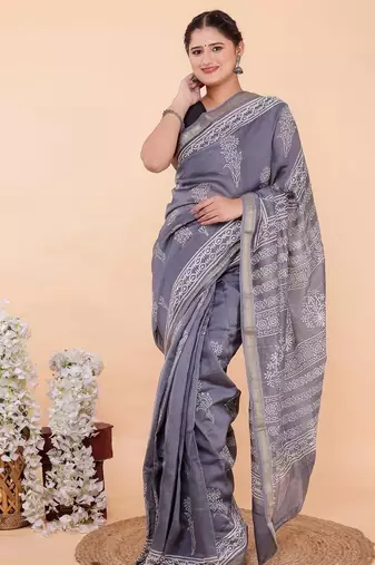 Grey maheshwari silk saree with woven borders and beautiful hand block print