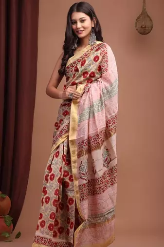 Beige maheshwari silk saree with woven borders and beautiful hand block print