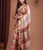 Beige maheshwari silk saree with woven borders and beautiful hand block print