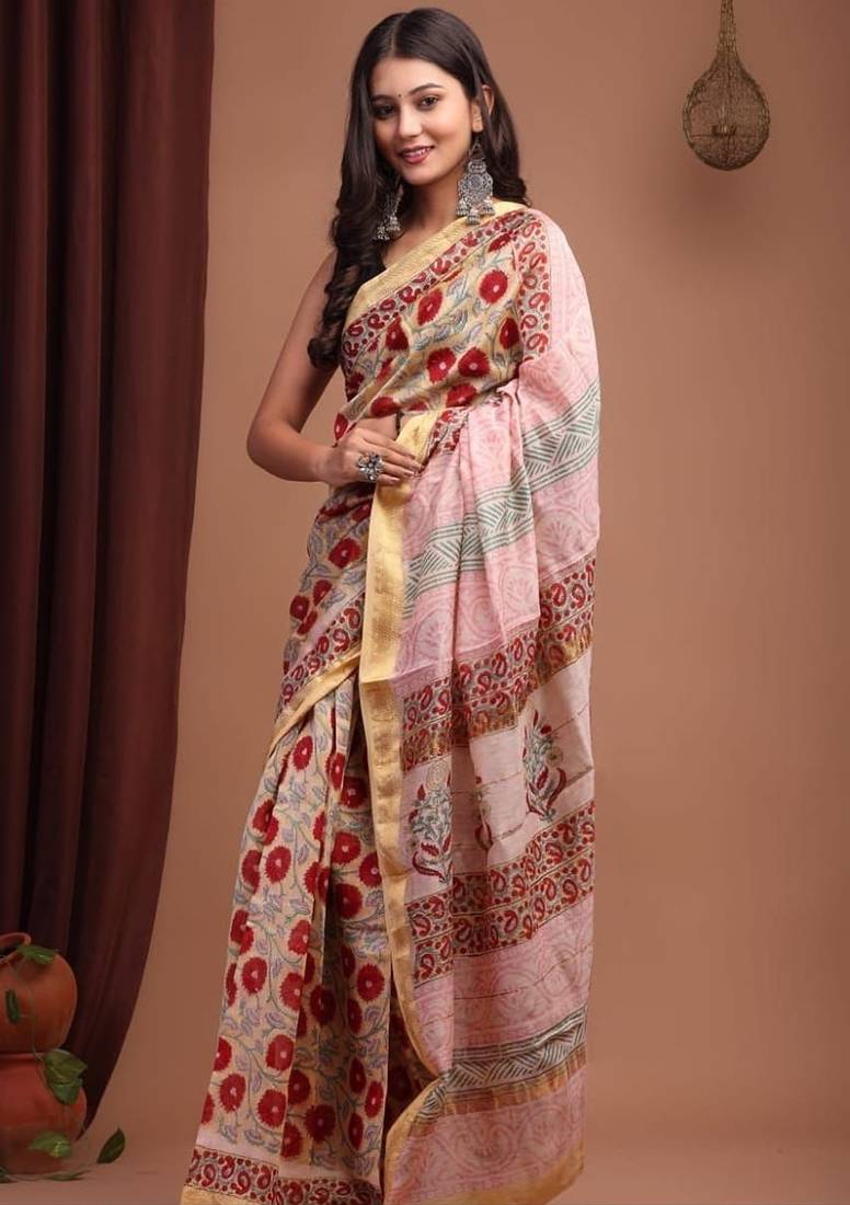 Beige maheshwari silk saree with woven borders and beautiful hand block print
