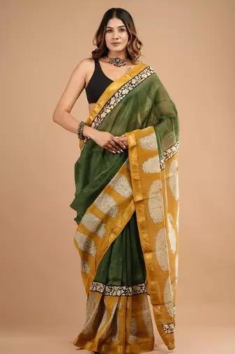 Green maheshwari silk saree with woven borders and beautiful hand block print