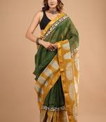 Green maheshwari silk saree with woven borders and beautiful hand block print