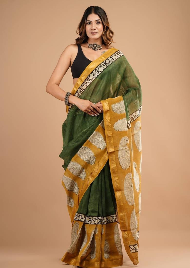 Green maheshwari silk saree with woven borders and beautiful hand block print