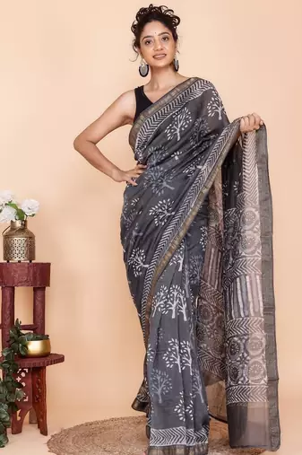 Grey maheshwari silk saree with woven borders and beautiful hand block print