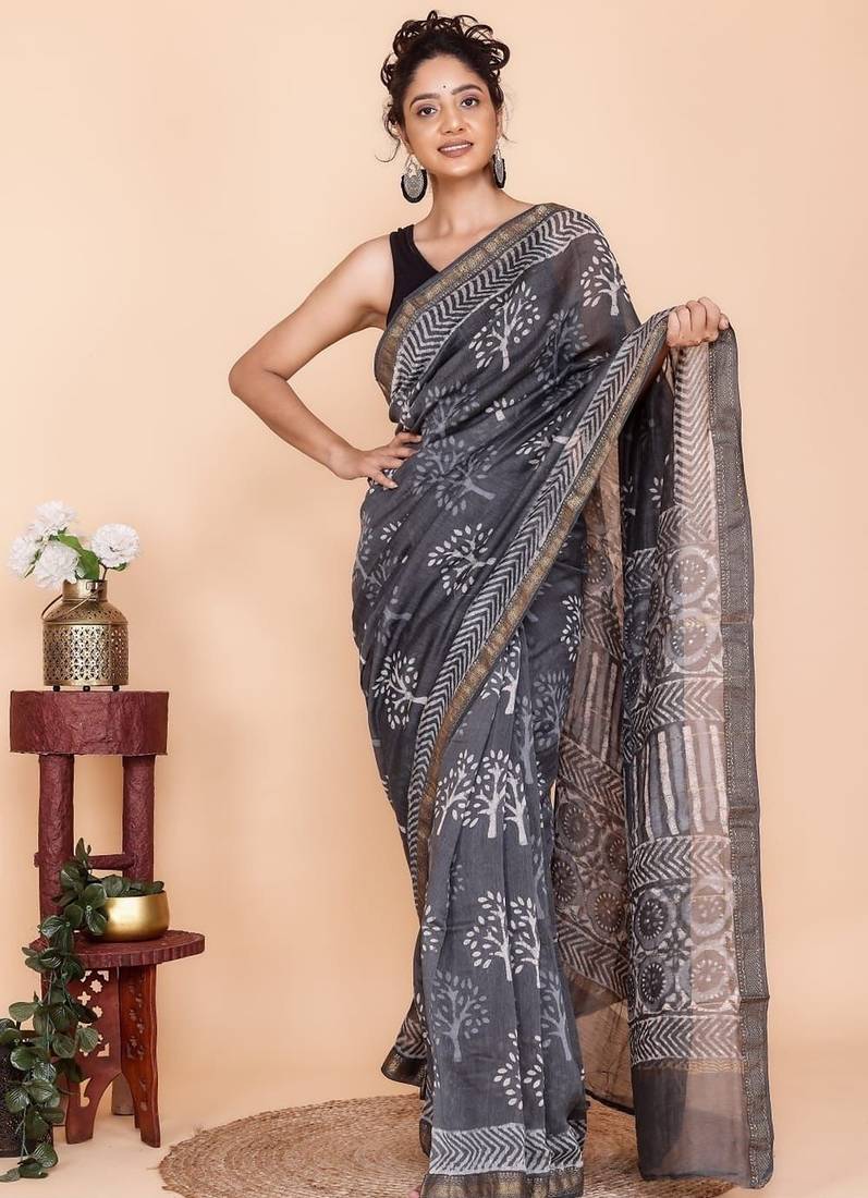 Grey maheshwari silk saree with woven borders and beautiful hand block print