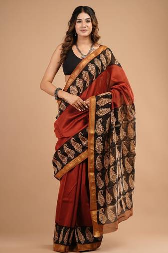 Red maheshwari silk saree with woven borders and beautiful hand block print