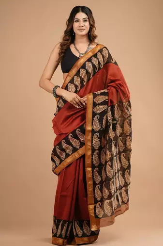 Red maheshwari silk saree with woven borders and beautiful hand block print