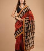 Red maheshwari silk saree with woven borders and beautiful hand block print